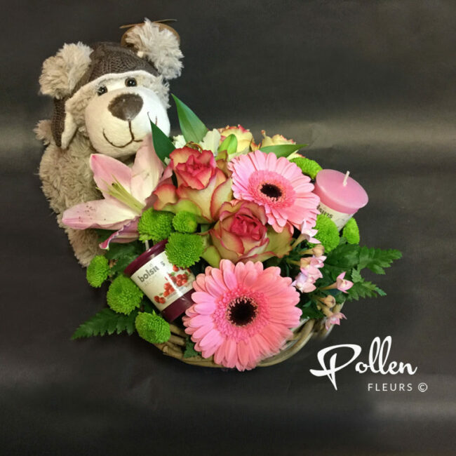 Ensemble fleurs bougies et peluche pour naissance et anniversaire